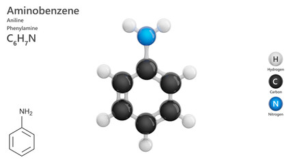 Molecule: Aniline. Molecular structure. Formula: C6H7N. Chemical model: Ball and stick. White background. 3D illustration.