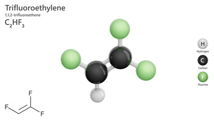 Molecule of Trifluoroethylene. Molecular structure. Formula: C2HF3. Chemical model: Ball and stick. Greenhouse gas. White background. 3D illustration