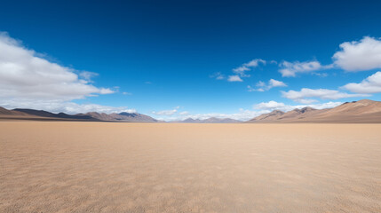 Vastness and Serenity: An expansive panorama of a sun-drenched desert plain unfolds under a boundless azure sky, with distant, snow-capped mountain ranges beckoning on the horizon.