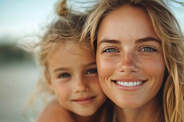 Fototapeta premium Smiling mother and daughter share a joyful moment at the beach during sunset