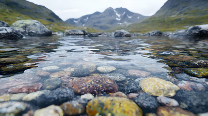 Naklejka premium Crystal clear mountain stream, rocks, scenic background, nature photography, travel