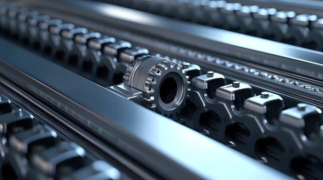 A close-up view of metallic machinery components arranged in parallel, showcasing intricate details and a polished surface.