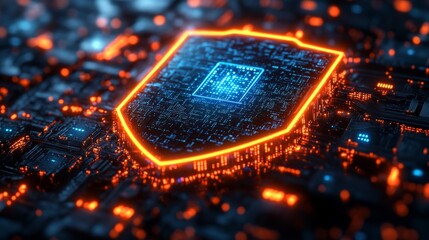 Cybersecurity Concept with a Glowing Shield and Futuristic Circuitry. Generative AI