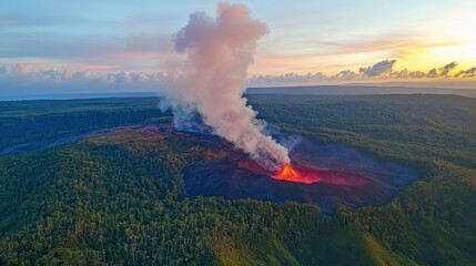 Aerial view of an active volcano with dramatic steam plumes and a vivid red lava pool