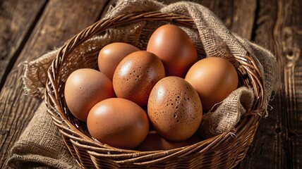Organic brown eggs in a basket on wooden table