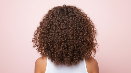 Curly Hair Back View: A captivating back view of a woman with long, lush, and bouncy curly hair. The soft focus adds a dreamlike quality, perfect for showcasing hair products, beauty.
