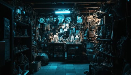 Naklejka premium Enigmatic Curio Shop: A Nocturnal Collection of Antiques