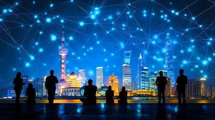 Naklejka na ściany i meble Silhouetted figures view Shanghai skyline, global network backdrop