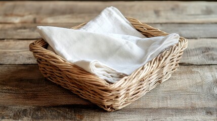 Obraz premium Woven Basket with White Cloth on Rustic Wooden Table Surface
