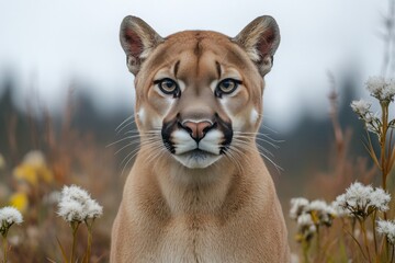 Obraz premium Wildlife portrait of a cougar in a meadow during overcast weather with flowers in the foreground