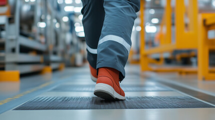 Steps on the Production Line: A close-up shot of a worker's feet walking on a conveyor belt in a bustling factory environment, highlighting the constant movement and dedication of industrial work.