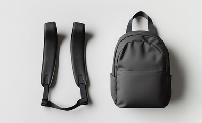 Black backpack and detachable shoulder straps on white background.