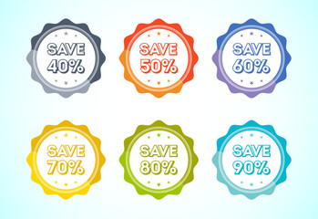 Save 40, 50, 60, 70, 80, and 90 percent icon, banner, sticker for business, marketing and advertising