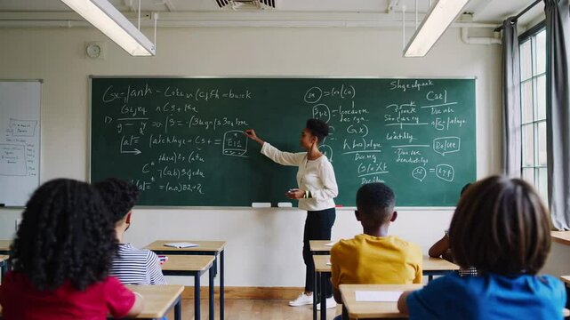 African american teacher explains math equations on a chalkboard to a diverse group of students in a classroom setting, fostering learning and engagement