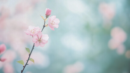 Delicate Pink Blossoms: A sprig of pale pink blossoms, delicately detailed, stands out against a soft, blurred teal background, creating a serene and dreamy atmosphere.