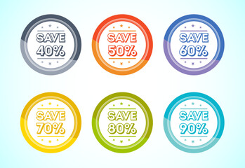 Save 40, 50, 60, 70, 80, and 90 percent icon, banner, sticker for business, marketing and advertising