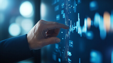 Analyzing the Data: A close-up shot of a hand interacting with a digital screen displaying a dynamic data visualization, representing trends and insights in business or finance.