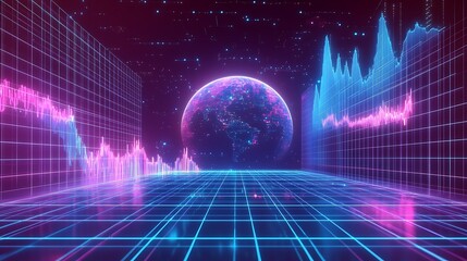 Rising graph on a futuristic grid, symbolizing growth and expansion in international markets, glowin