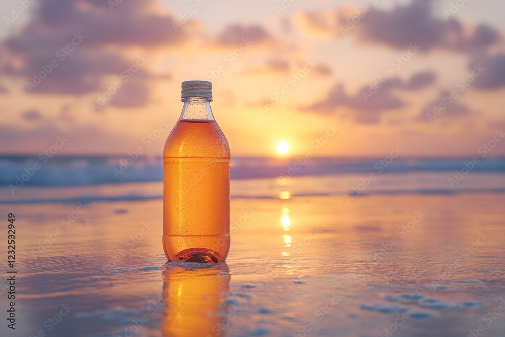 Wall mural Sunsets and reflections over a bottle of beverage on a tranquil beach