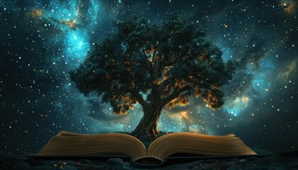 Naklejka premium Celestial Tree Emerging from Open Book Under Starry Night