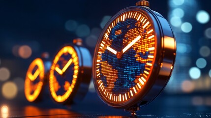 Colorful Digital Clocks with World Map Design at Nighttime