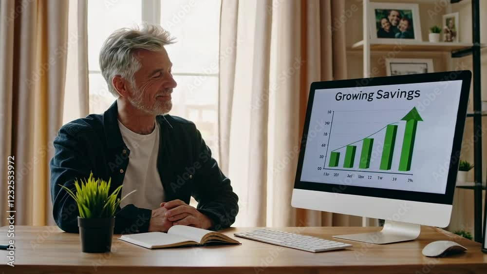 Poster experienced senior financial advisor smiling while analyzing positive financial growth chart on comp