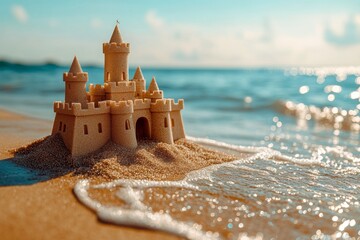 Creative sand castle on a beach during golden hour with gentle ocean waves lapping at its base