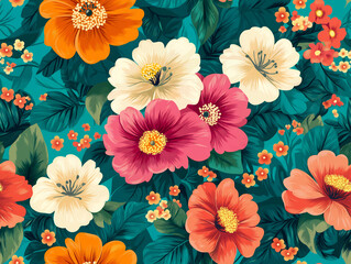 Seamless tropical floral pattern with vibrant orange, pink and cream flowers on teal background for textile design