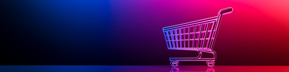 Neon shopping cart on a vibrant gradient background. © ABF_MATEO