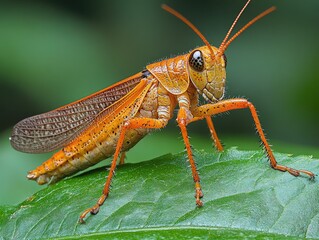 Fototapeta premium A close-up of an orange grasshopper with long antennae standing on a green leaf