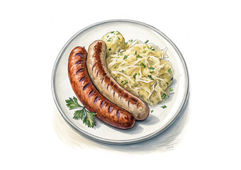 Bratwurst, Fried Sausage, Color golden brown, delicious, grilled or pan browned sausage with a golden crust and a juicy, meaty filling inside. Potato salad or sauerkraut.