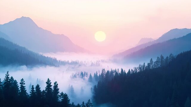 Dreamy Sunrise Over Misty Mountain Peaks - made with Generative AI