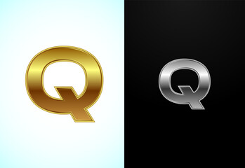 Creative English letter Q in gold and silver color style. Graphic alphabet symbol