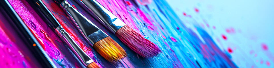 Fototapeta premium Vibrant paintbrushes resting on a colorful canvas.