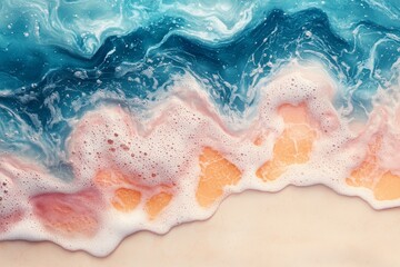 Obraz premium Waves crashing onto a sandy beach under sunlight with vibrant blue and pink hues at midday