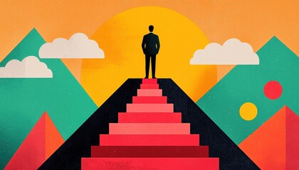 Man Standing on Staircase Towards Sun with Geometric Background