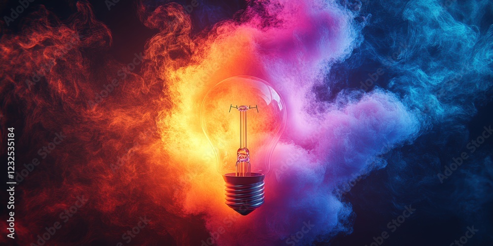 Poster light bulb illuminated in vibrant colorful cloud background creating a unique artistic visual