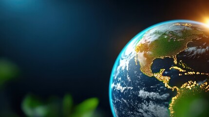 Fototapeta premium Futuristic digital network grid enveloping the glowing planet Earth symbolizing global interconnectivity technological advancement and sustainable progress in the digital age