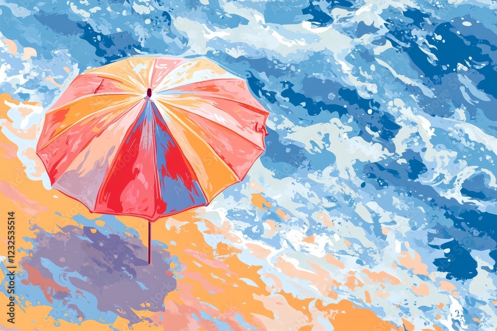 Wall mural Colorful beach umbrella contrasts with ocean waves on a sunny day