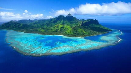 Naklejka premium Aerial view of a small tropical island surrounded by vibrant coral reefs and deep blue waters