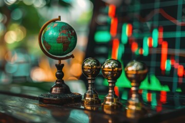 A globe sits beside decorative trophies, with a colorful stock market graph in the background, symbolizing global finance and investment success.