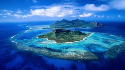 Aerial view of a small tropical island surrounded by vibrant coral reefs and deep blue waters