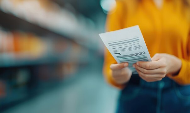 Woman Holding Document in Brightly Lit Warehouse Aisle - Powered by Adobe