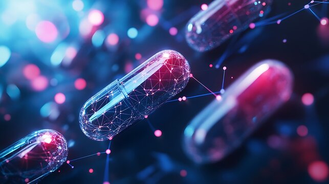 Digital pills and neural network representation, symbolizing pharmaceutical AI and drug discovery, g