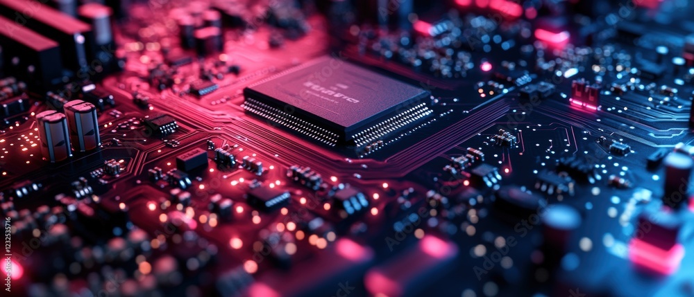 Poster computer processor installed on a motherboard with visible circuitry and connectors