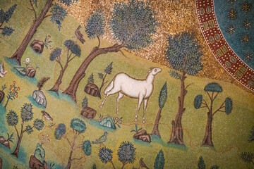Ancient Byzantine Mosaic with Sheep and Lush Landscape