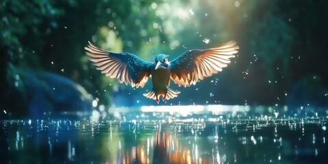Obraz premium Kingfisher diving, forest river, nature splash, wildlife scene, nature documentary