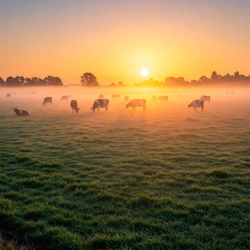foggy sunrise and cown on the field