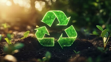Green recycling symbol rising dynamically through verdant plants, representing environmental sustainability, waste reduction, and ecological conservation efforts in natural ecosystem context - Powered by Adobe