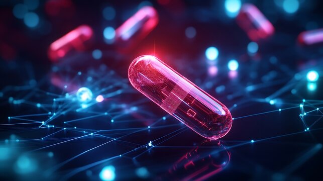 Digital pills and neural network representation, symbolizing pharmaceutical AI and drug discovery, g